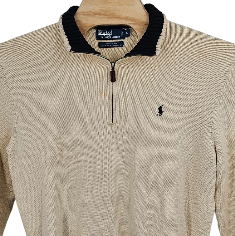 Polo Ralph Lauren Vintage Ribbed 1/4 Zip Sweater Large‎ Heavyweight Knit Flaws